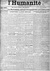 The coup in Russia on the headlines of the socialist newspaper Humanity. Headlines: The Masters Maximalists in Petrograd, Kerensky was deposited, The 9/11/1917
