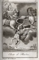 The fall of Phaeton, unable to control the Helios tank, was struck by Zeus, and fell into the Eridan River. Engraving from 1819 in 