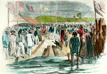 The first pick-up at the inauguration of the drilling works on the Suez Canal on 25 April 1859. The construction site in Egypt intended to connect the Red Sea to the Mediterranean Sea lasted until 1869