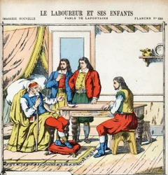 The plower and his children. Anonymous illustration for Les Fables by Jean de La Fontaine (1621-1695). Imaging of Pont-a-Mousson, circa 1880. Private collection.