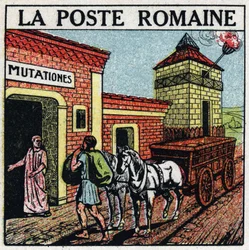 The post: the Roman post. A "mutationes", a place where horses used for the post office could be rented called "curriculum publicus". Anonymous illustration from 1925. Private collection.