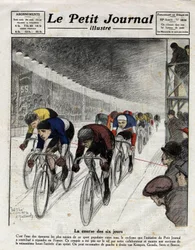 The six-day race: Piet van Kempen, Alfred Grenda, Seres and Maurice Brocco during the sprint. Engraving in Le Petit Journal illustre, on 16/04/1922