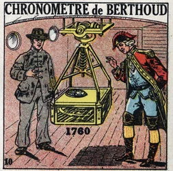 Time: Marine chronometer invented by Ferdinand Berthoud in 1760. Anonymous illustration from 1925. Private collection.
