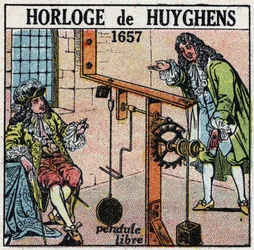 Time: clock with a free pendulum invented by Christiaan Huygens (1629-1695) in 1657. Anonymous illustration from 1925. Private collection.