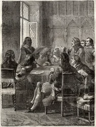 Treaty of Ryswick (The Treaty of Ryswick, 30th October 1697) (end of the War of the Augsburg League between Louis XIV and the Great Alliance). Engraving of the 19th century. Private collection