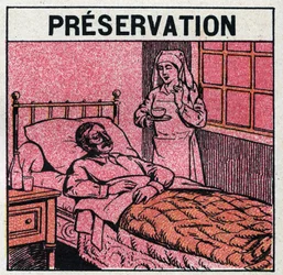 Ultraviolet rays: to avoid scars caused by smallpox, patients should be treated in rooms or enter only red light, free of ultraviolet rays. Anonymous illustration from 1925. Private collection.