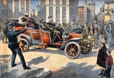 Unusual US police methods for arresting drivers committing speed excites while driving their cars. Engraving from the newspaper Le Petit Parisien, on 31/05/1908. Private collection.