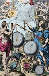 Urania, the Muse of Astronomy represented in front of Argus, holding a telescope. They weigh and compare the system of Copernicus and that of Jesuite Giovanni Riccioli inspired from that of Tycho Brahe