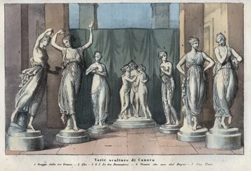 Various sculptures by Canova - The Three Graces - Hebe - The Three Graces Dancing - Venus Italica - Muse - engraving from "Usi e Costumi di Tutti i Popoli dell