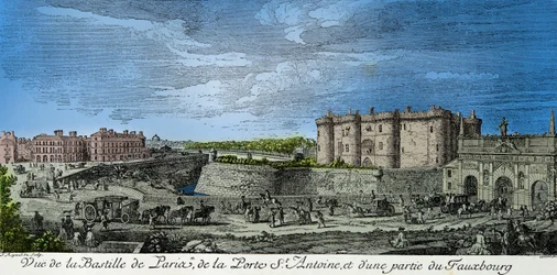 View of the Bastille of Paris, the Porte Saint Antoine and part of the faubourg in the 18th century (engraving) - private collection