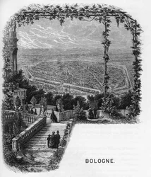 View of the city of Bologna, Italy engraving from 1859 in the galleries of Europe - Italy by Armengaud. Private collection