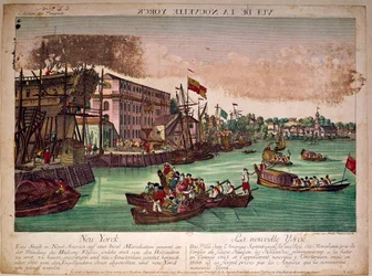 View of the port of the city of New York in the United States, on the left a shipyard. The mouth of the Hudson River and Manhattan Island