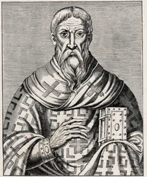Portrait of Dionysius the Areopagite - Portrait of Saint Denys the Areopagite (1st century), Greek bishop - Engraving after an illustration of the Life of illustrious Men by Thevet - In Les Missions Catholiques au XIXeme Siecle by Louis-Eugene Louvet.