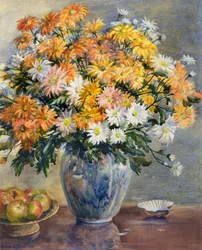 Chrysanthemums in a Blue and White Vase