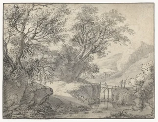 Mountain Landscape with Trees and a Bridge over a Stream