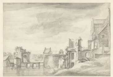 View of Ruins on a Riverbank (St. Walburgkerk in Arnhem?)