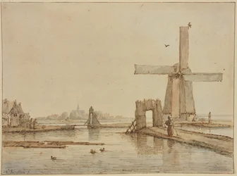 Windmill on a Narrow Dike, Three Ducks in the Foreground
