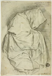 Draped with Hooded Figure (front); Two Sketches of Swans in Water (back)