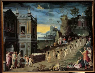 Allegory: The funeral of Love. A funeral procession carrying the body of Eros is heading towards the temple of Venus. Painting from the workshop of Antoine Caron (1521-1599)
