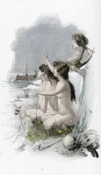 Odyssey by Homer: Odysseus and the sirens who sang an enchanting song that normally caused passing sailors to steer towards the rocks, only to hit them and sink. Illustration by Antoine Calbet for 