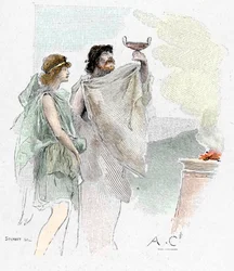 Pisistratus, Son of Nestor, Proposes a Cup of Wine to Telemachus in Pylos (illustration)