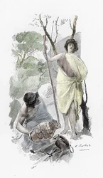 Odyssey by Homer: Odysseus returns to Ithaca and meets Athena disguised as a shepherd boy, Illustration by Antoine Calbet for 