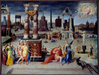 The Sibyl of Tibur. The Roman Emperor Augustus questions the Sibyl about whether there is a man greater than him. A virgin appears to him with a child in her arms, thus predicting the coming of the Savior. Painting by Antoine Caron (1521-1599), circa