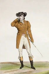 A Dandy dressed in a boat-shaped hat, a dun-coloured jacket and buckskin breeches, plate 1 from the 