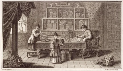 A Chinese Calligraphy Shop, from an account of the Dutch Embassy in China, engraved by A. Maisonneuve, c.1670s