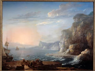 Sunset A landscape of cliffs and rocks on the sea, with fishermen in the foreground
