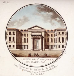 Hospice de Saint Jacques Du Haut Pas built according to the drawings of Vieilb, now Cochin Hospital, Paris. In picturesque views of the main buildings of Paris