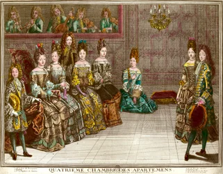 Dance in the fourth bedroom of the apartments of the family of Louis XIV (1638-1715) during the evenings of apartment in Versailles around 1696: the Duke of Chartres dances the minuet with Mademoiselle in the presence of the Duchess of Maine, the Duke of B