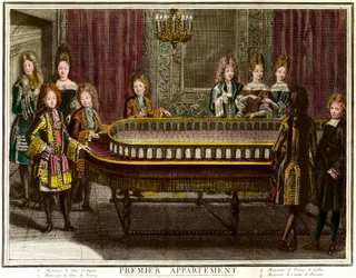 Philippe of France, Duke of Anjou, then King of Spain, Charles, Duke of Berry and Prince of Wales playing portico in the first apartment of Louis XIV in Versailles - Engraving by Antoine Trouvain