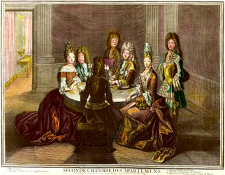 The courtyard playing cards in the second bedroom of the apartments of Louis XIV - Engraving by Antoine Trouvain