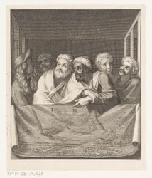 Five Men with Turbans and One with a Hat in a Box Behind a Balustrade