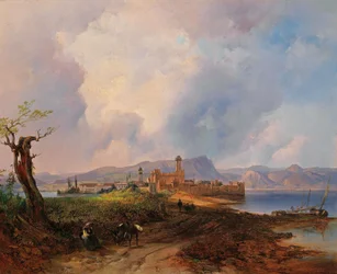 View of the Castell Sermio on the Island of Sirmione at Lake Garda