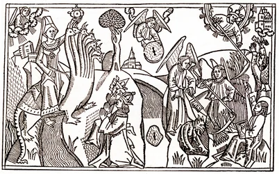 The great harlot of Babylon riding the seven-headed beast and the angels cutting wheat while holding the devil prisoner