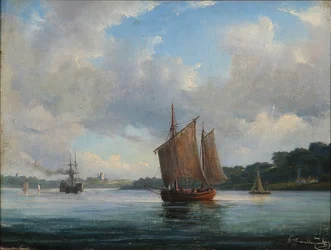 Fiord scene with fishing boats and a paddle steamer