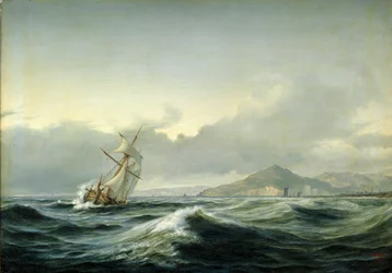 Seascape with sailing ship in rough sea. In the background a rocky coast