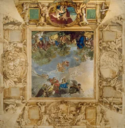 Apollo and Athena rewarding Talents and Minerva flanked by caryatids and medallions depicting Mars, Venus, Hercules and Cybele