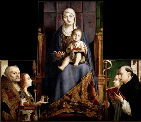 Altarpiece of San Cassiano: “Virgin and Child surrounded by Saints Nicholas of Myra or Bari (270-345), Mary Magdalene, Saint Ursula and Saint Dominica”. Wood painting by Antonello da Messina (ca. 1430-1479), 1475-1476, Vienna Kunsthistorisches Museum