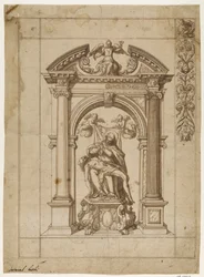 Design for a Processional Banner with a Pietà Under an Elaborate Altar Architecture in the Form of a Triumphal Arch and Part of the Border Design at Upper Right