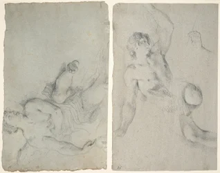 An Angel in Flight, and an Angel Leaning Down with Upraised Arm