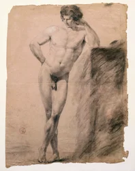 Study of male nude leaning on plinth