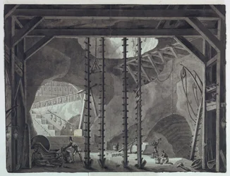 Stage Design, Men Constructing Building in Cave