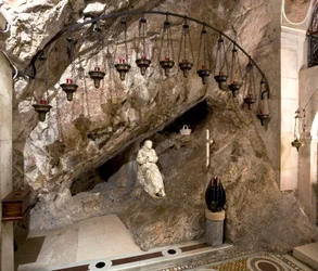 View of the cave of St. Benedetto with statue of the saint by Antonio Raggi. Monastery of Saint Benedetto, Subiaco, Italy