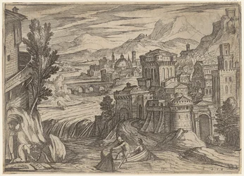 River Landscape with a City on the Right and a Fishing Boat in the Foreground