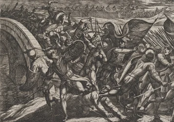 Plate 27: The Dutch During a Surprise Attack of the Roman Camp on the Moselle, from The War, 1611