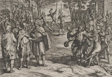 Plate 2: The Romans Taking Old Dutch Men as Hostages and Seducing Young Ones, from The War