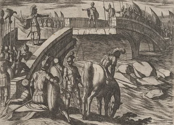 Plate 36: Civilis and Cerialis Meet on a Broken Bridge to Reach an Accord, from The War of...